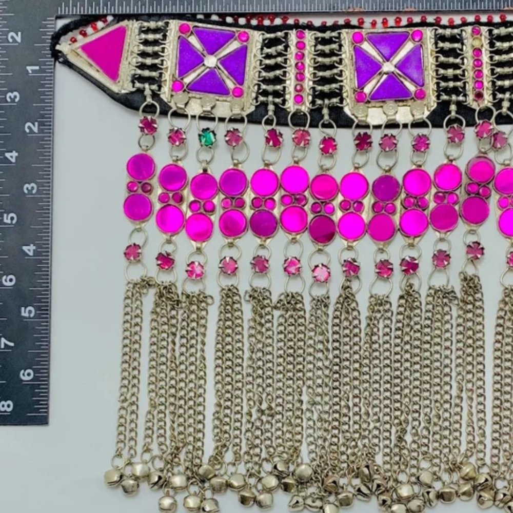 Handmade Afghan Choker Necklace: Purple Stone Tribal Statement with Bells - Picture 10 of 12